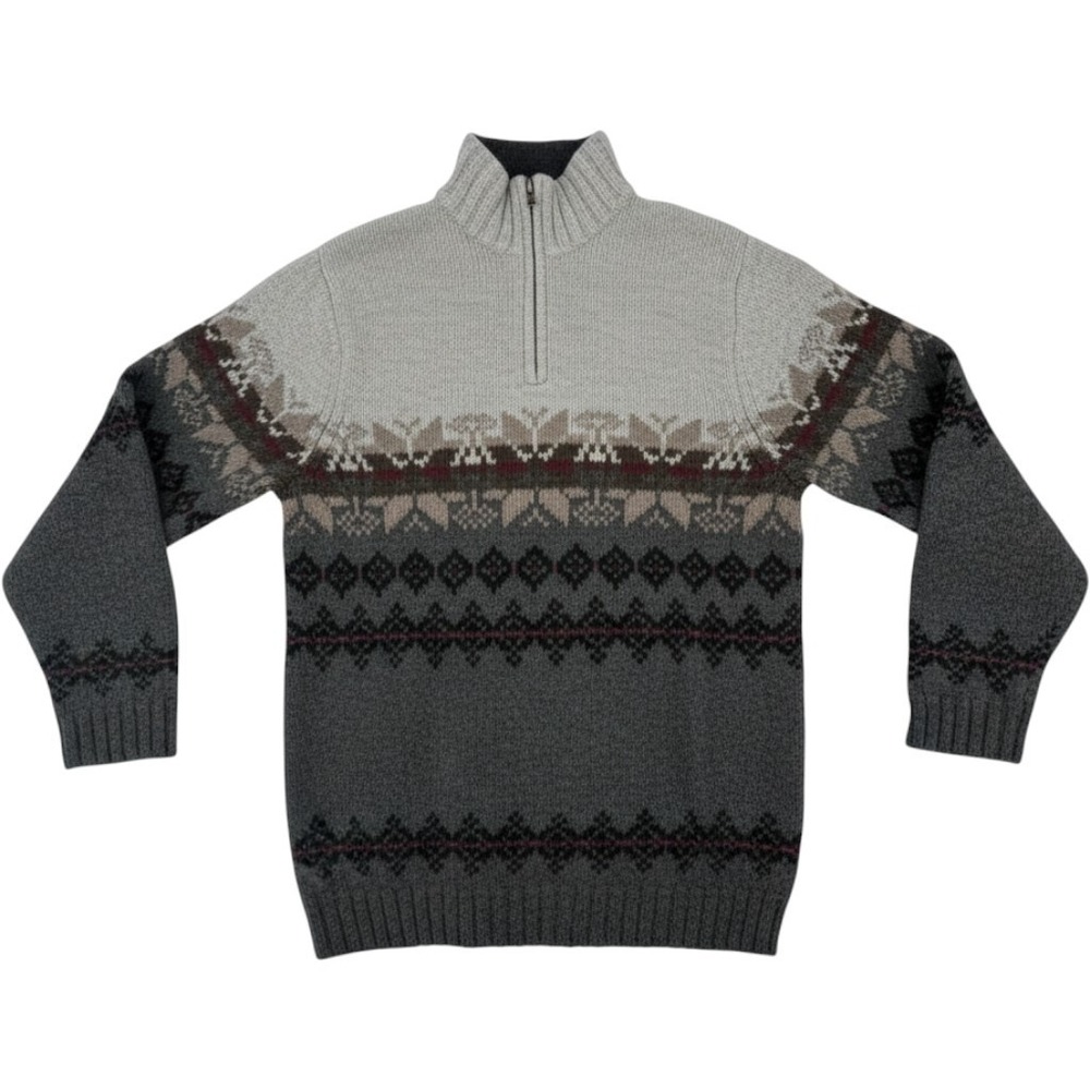 Eddie Bauer Heritage 100% Lambswool Fair Isle Quarter Zip Sweater Mens XL Gray